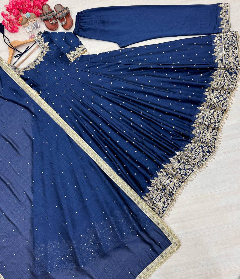 New Party Wear Vichitra Silk Anarkali Gown Set