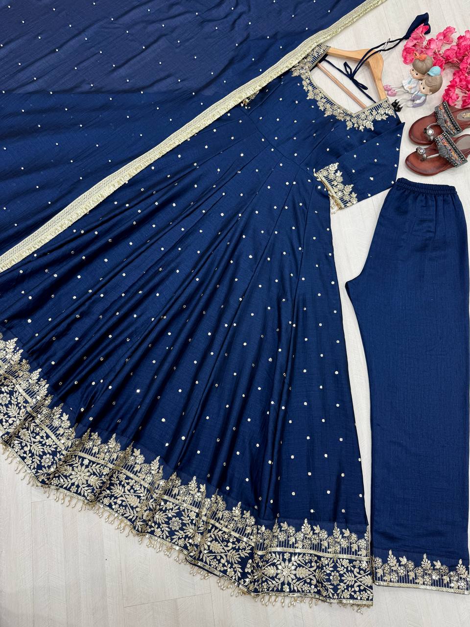 New Party Wear Vichitra Silk Anarkali Gown Set