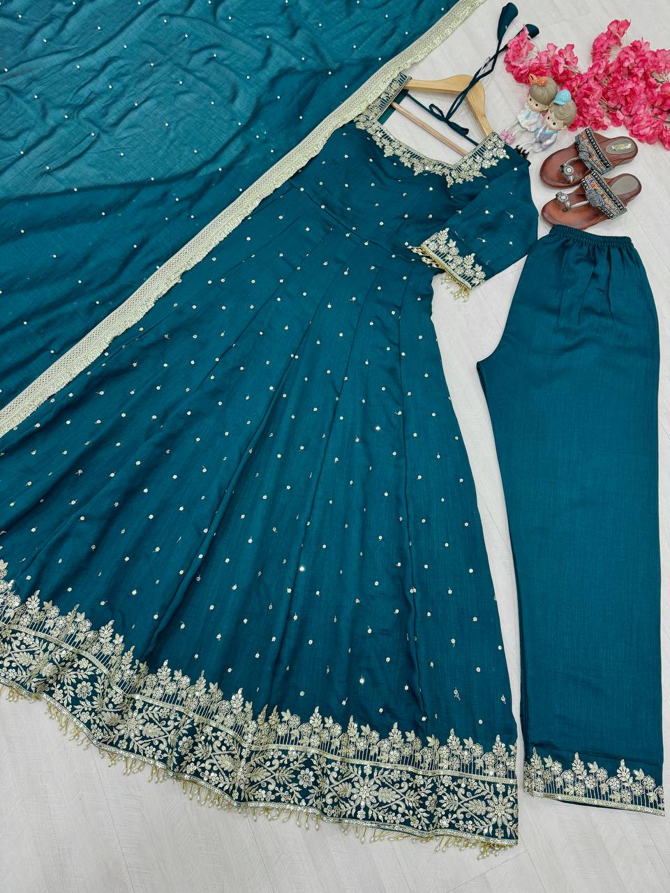 New Party Wear Vichitra Silk Anarkali Gown Set