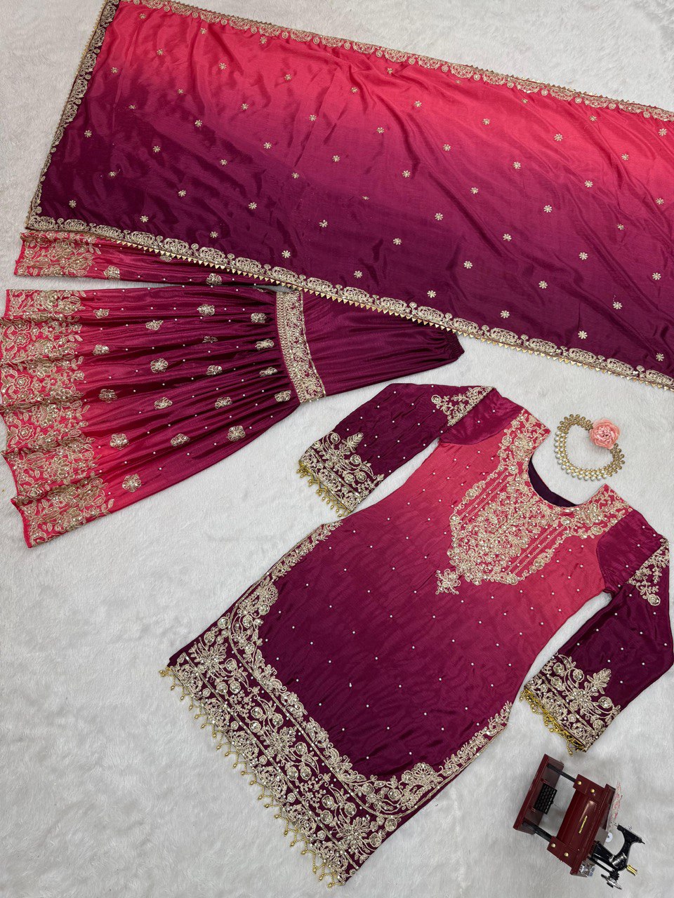 Elegant Heavy Chinon Designer Suit with Sharara & Dupatta