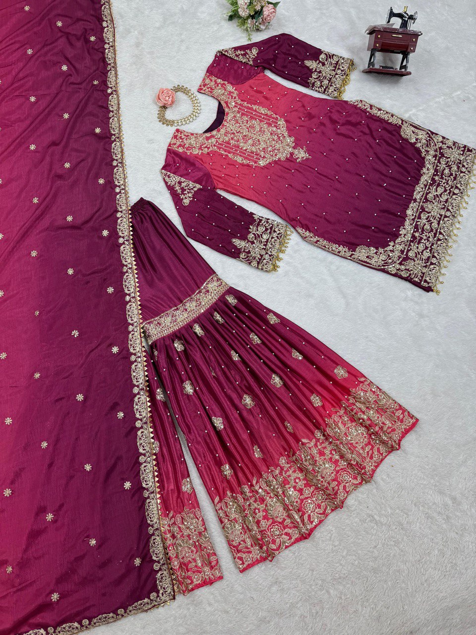 Elegant Heavy Chinon Designer Suit with Sharara & Dupatta