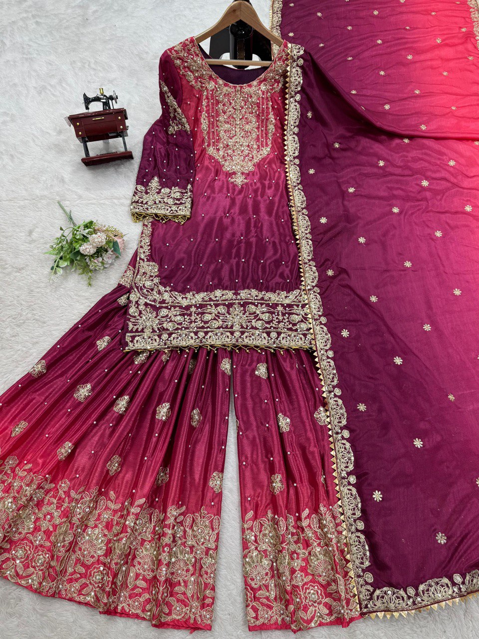 Elegant Heavy Chinon Designer Suit with Sharara & Dupatta