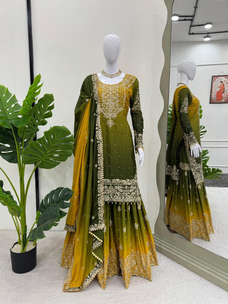 Elegant Heavy Chinon Designer Suit with Sharara & Dupatta