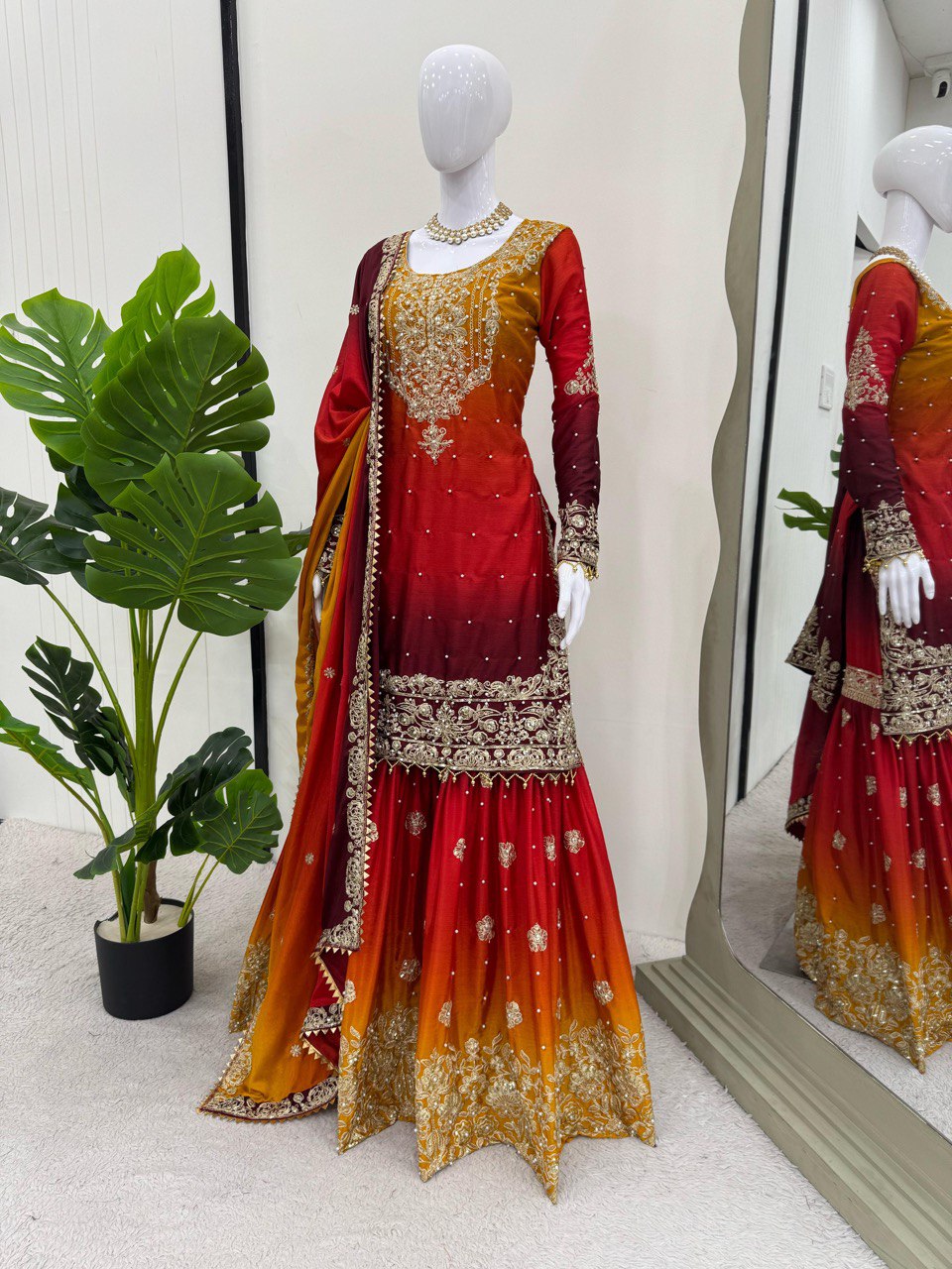 Elegant Heavy Chinon Designer Suit with Sharara & Dupatta