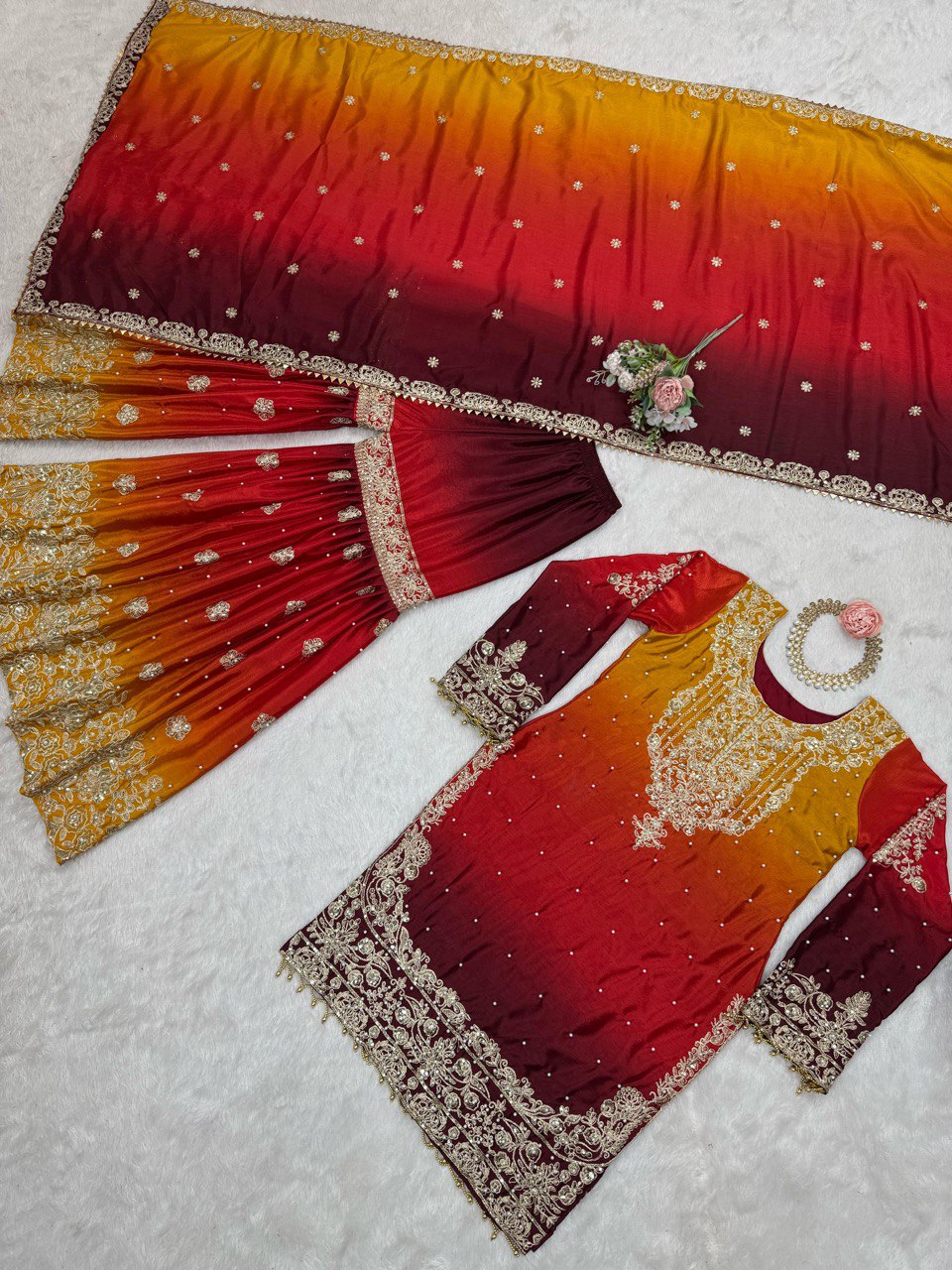 Elegant Heavy Chinon Designer Suit with Sharara & Dupatta