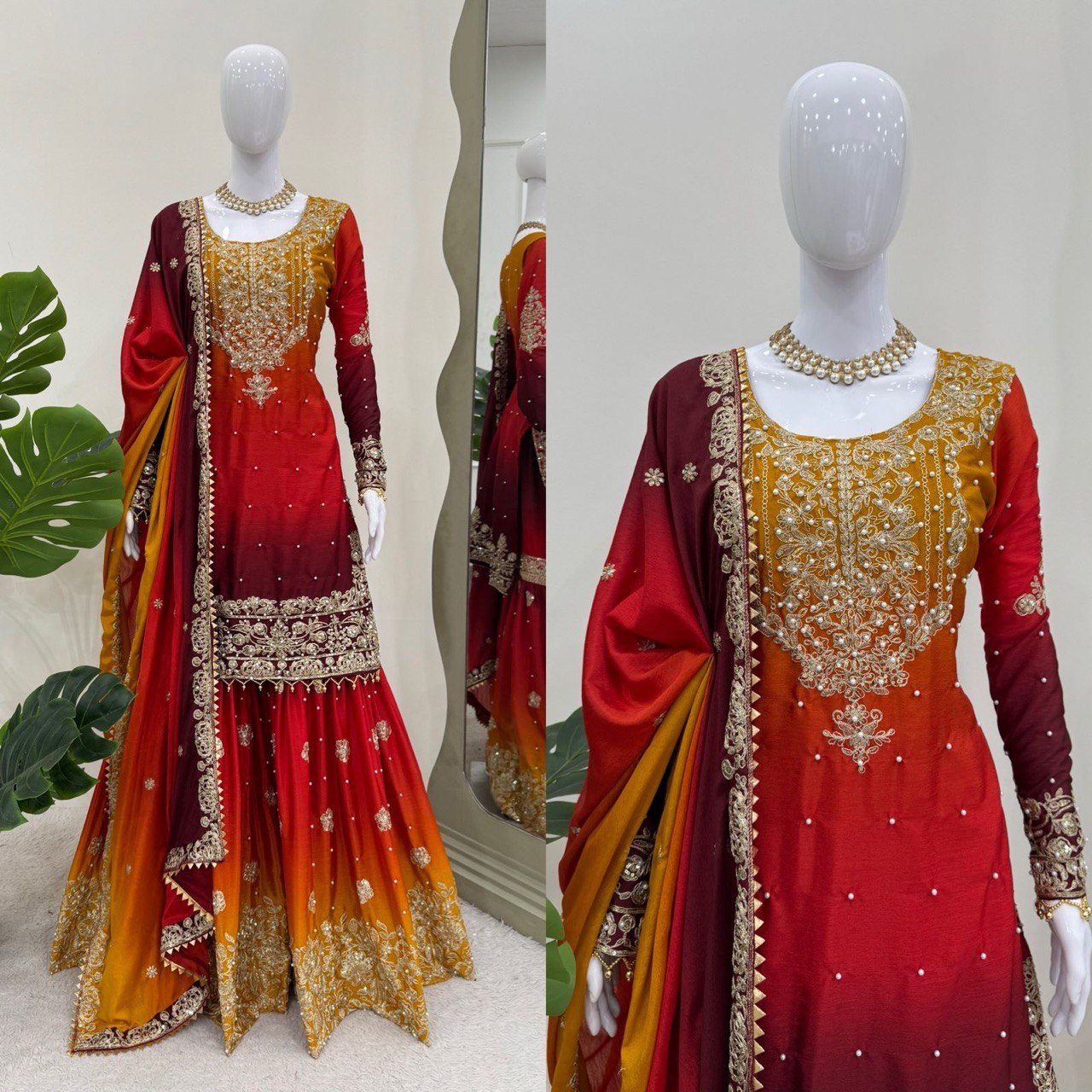 Elegant Heavy Chinon Designer Suit with Sharara & Dupatta