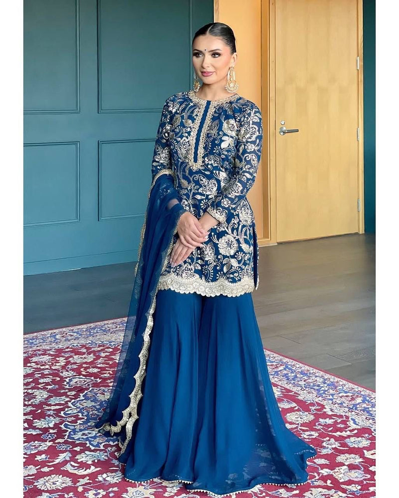 DESIGNER FAUX GEORGETTE TOP, SHARARA & DUPATTA SET
