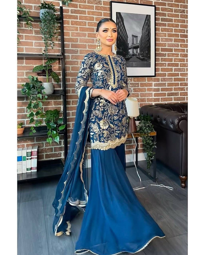 DESIGNER FAUX GEORGETTE TOP, SHARARA & DUPATTA SET