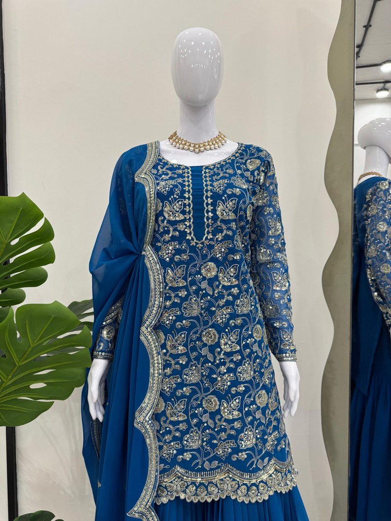 DESIGNER FAUX GEORGETTE TOP, SHARARA & DUPATTA SET