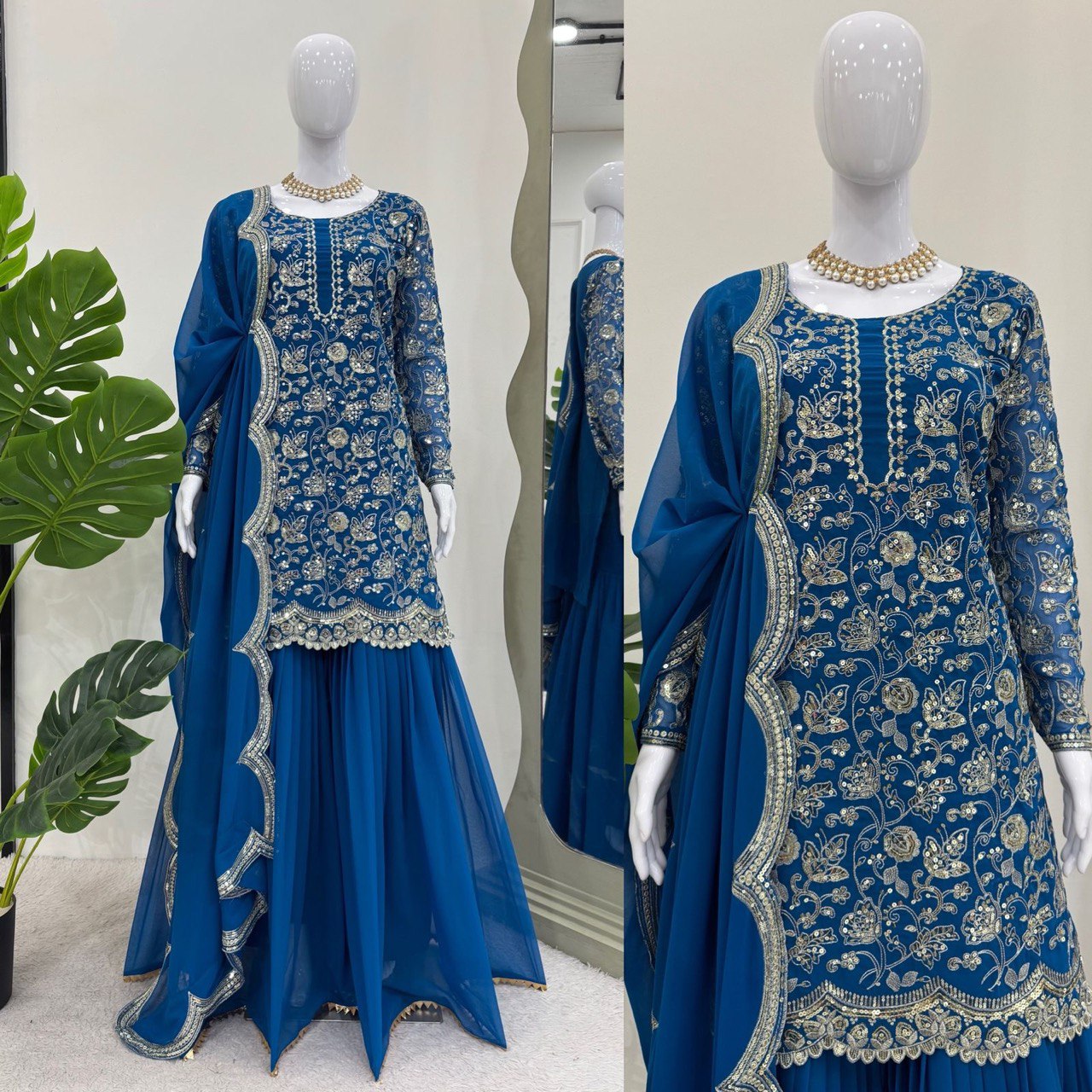 DESIGNER FAUX GEORGETTE TOP, SHARARA & DUPATTA SET