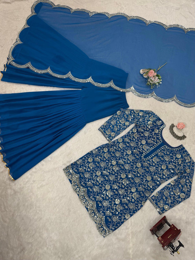 DESIGNER FAUX GEORGETTE TOP, SHARARA & DUPATTA SET