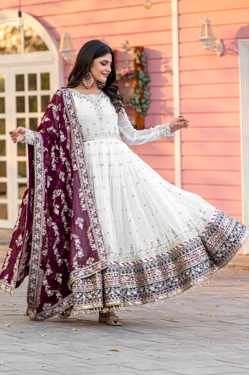 Designer Embroidered Gown Set – Gown, Bottom & Dupatta
