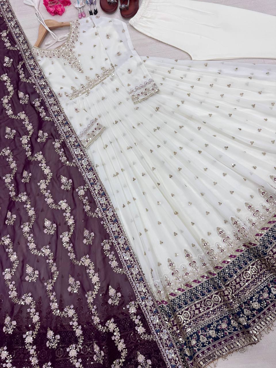 Designer Embroidered Gown Set – Gown, Bottom & Dupatta