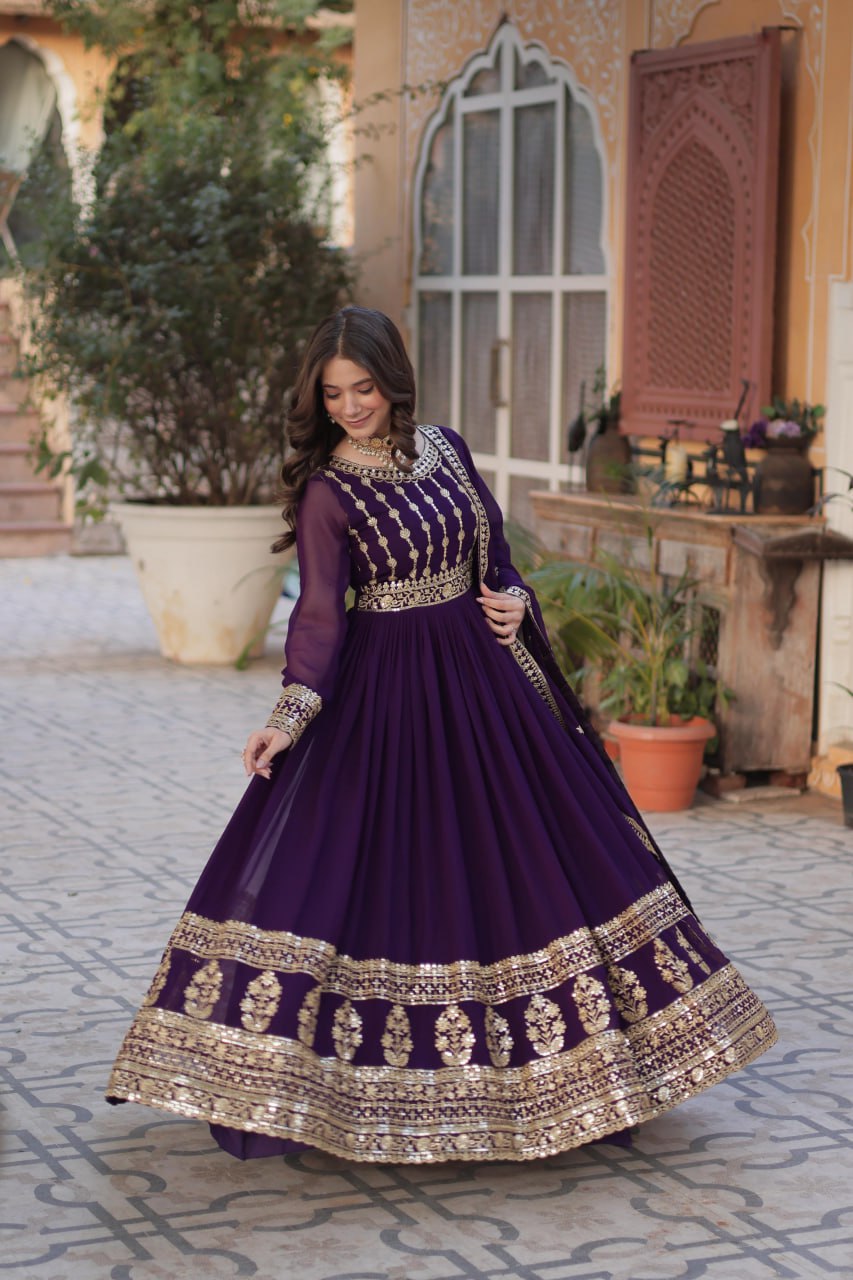 Elegant Embroidered Zari Sequins Gown with Dupatta Set