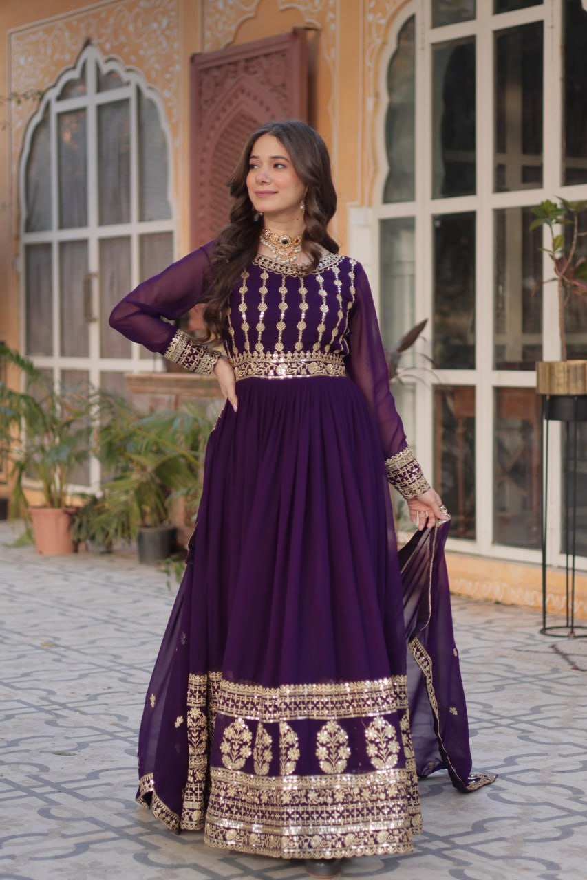 Elegant Embroidered Zari Sequins Gown with Dupatta Set