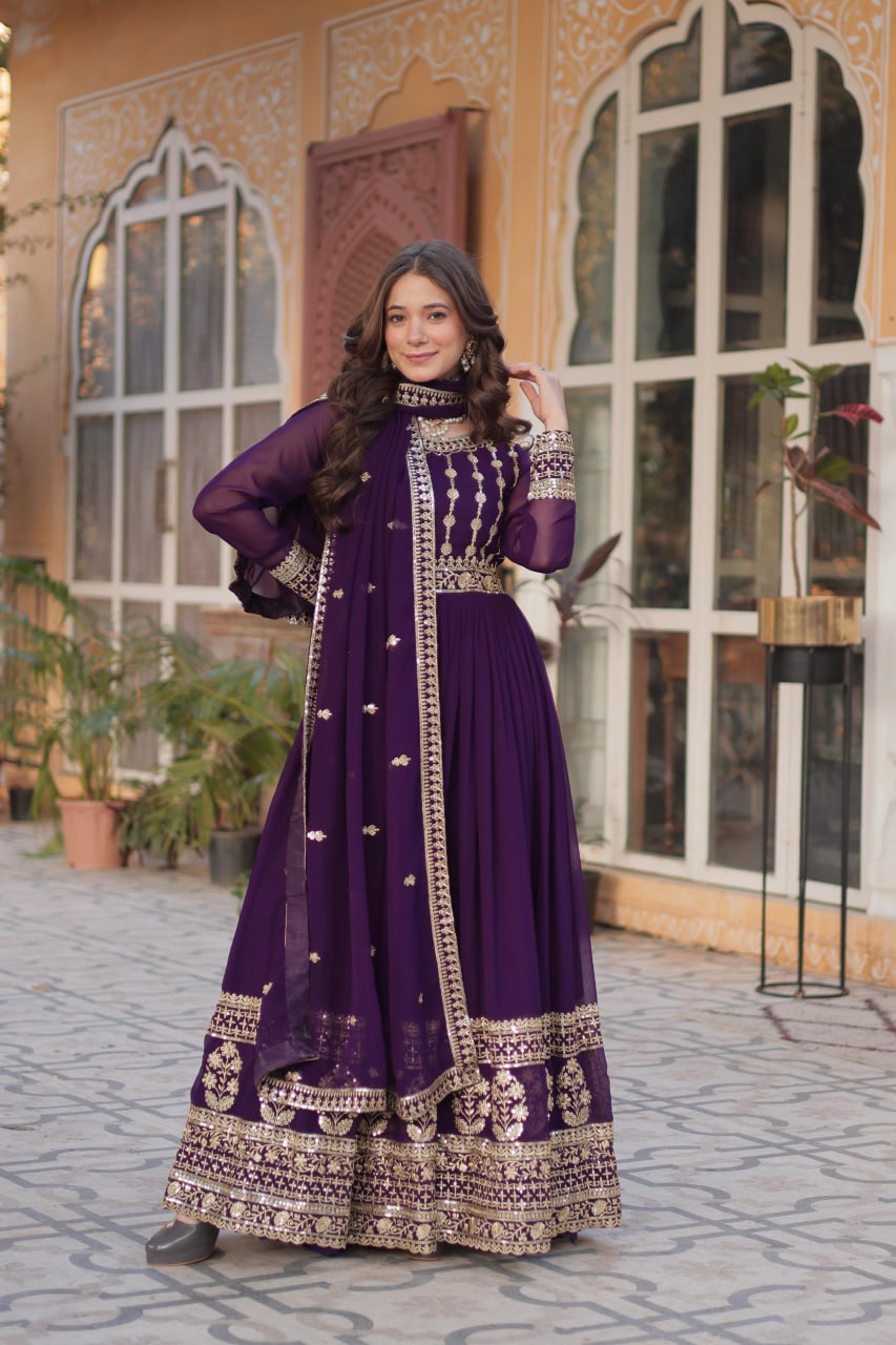 Elegant Embroidered Zari Sequins Gown with Dupatta Set