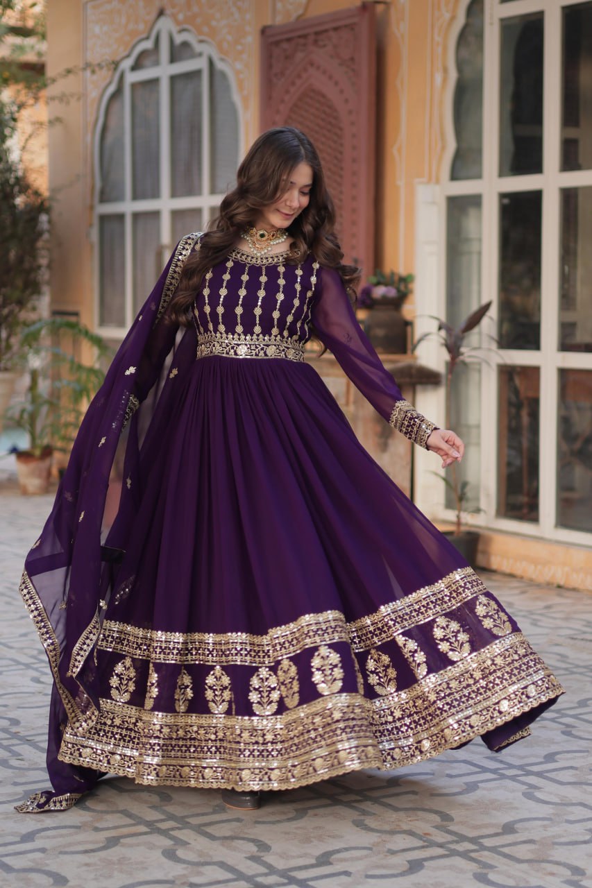 Elegant Embroidered Zari Sequins Gown with Dupatta Set