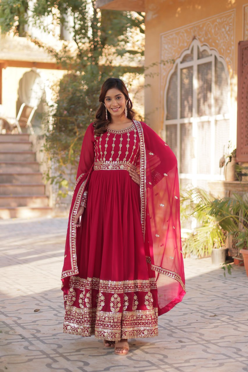 Elegant Embroidered Zari Sequins Gown with Dupatta Set