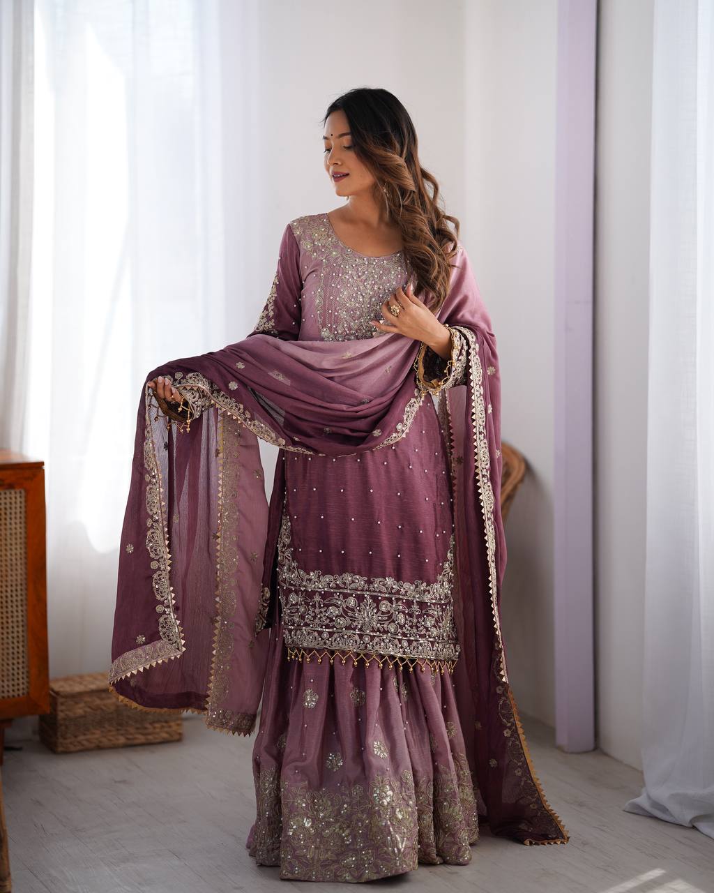 Elegant Heavy Chinon Designer Suit with Sharara & Dupatta