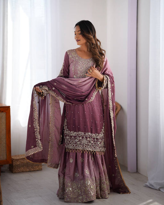 Elegant Heavy Chinon Designer Suit with Sharara & Dupatta