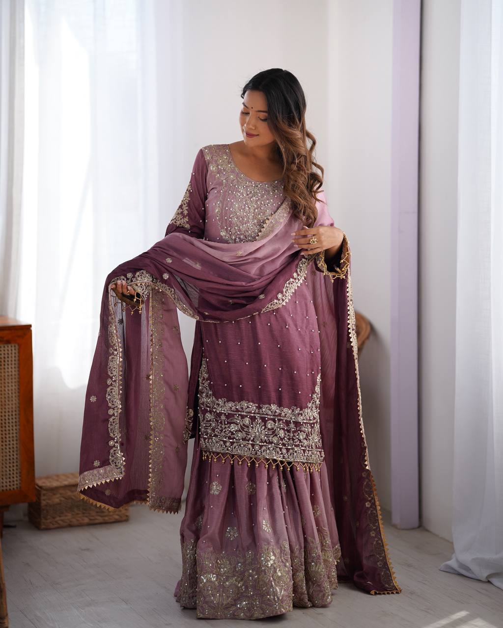 Elegant Heavy Chinon Designer Suit with Sharara & Dupatta
