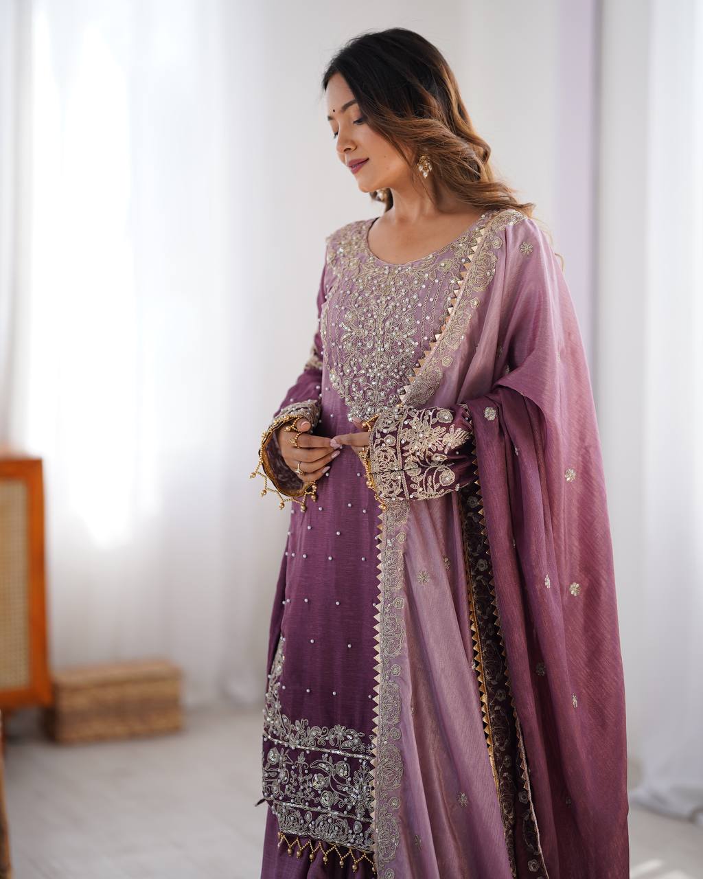 Elegant Heavy Chinon Designer Suit with Sharara & Dupatta