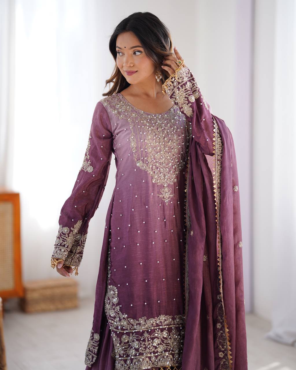 Elegant Heavy Chinon Designer Suit with Sharara & Dupatta