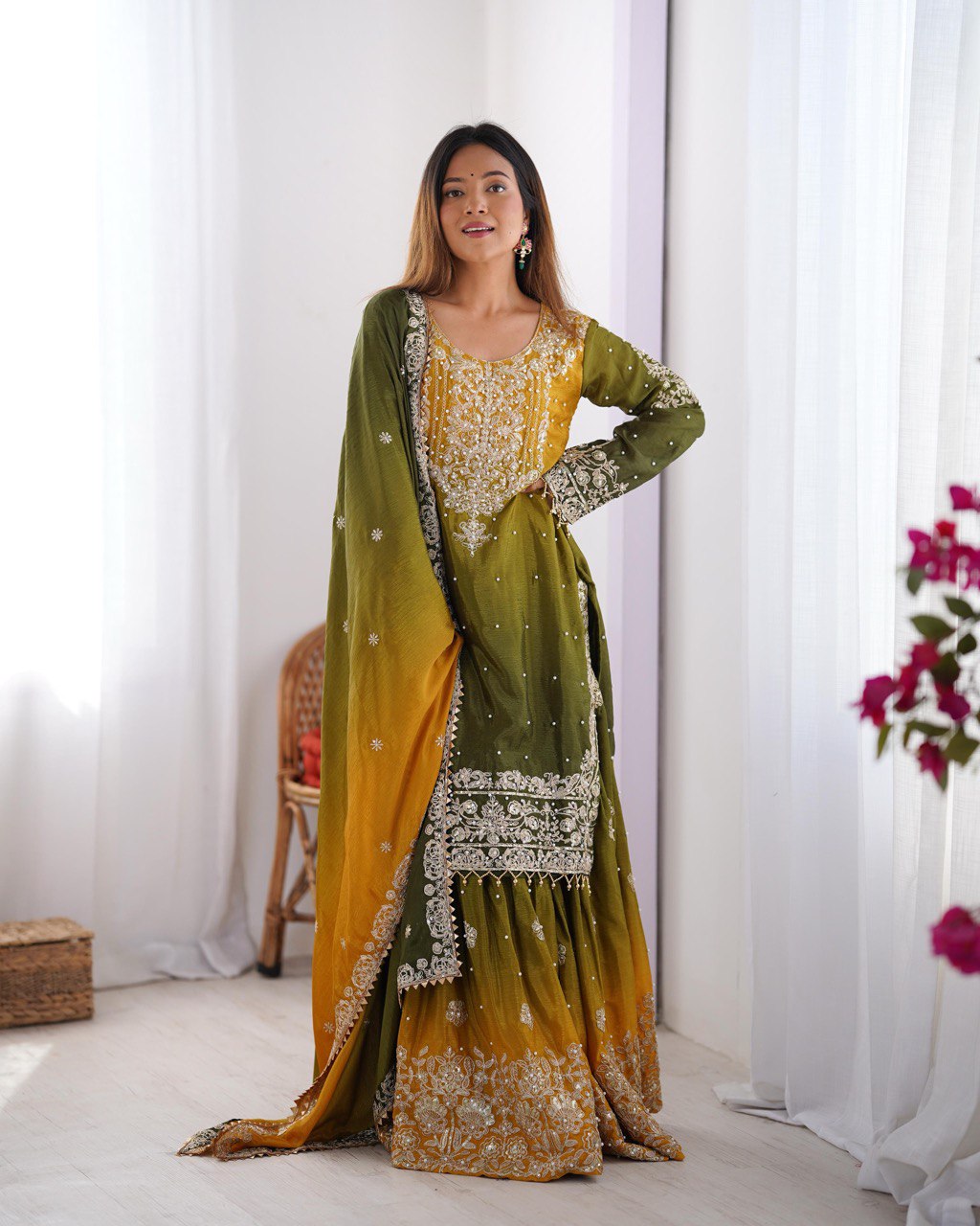Elegant Heavy Chinon Designer Suit with Sharara & Dupatta