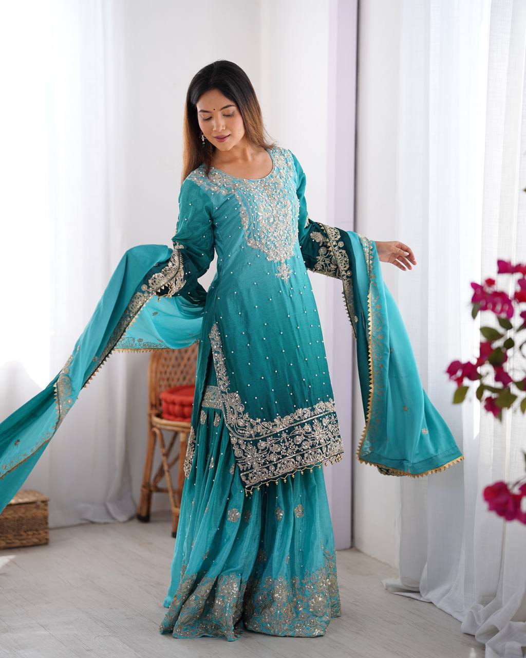 Elegant Heavy Chinon Designer Suit with Sharara & Dupatta