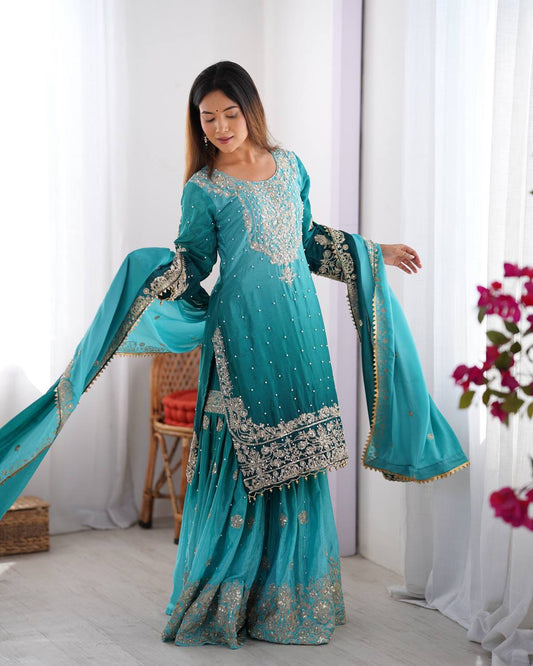 Elegant Heavy Chinon Designer Suit with Sharara & Dupatta