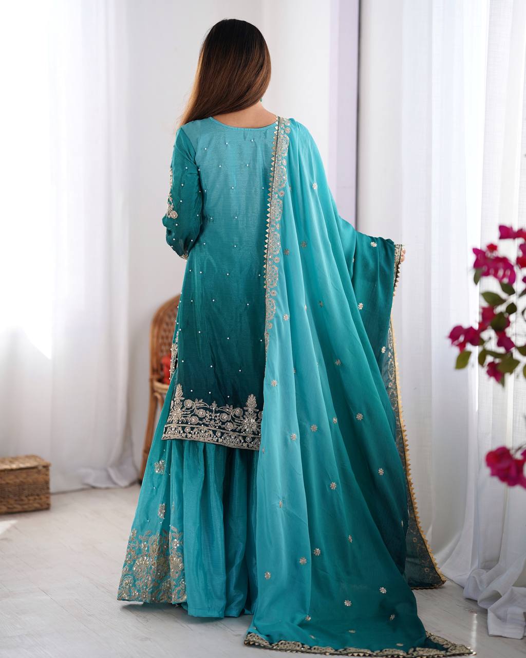 Elegant Heavy Chinon Designer Suit with Sharara & Dupatta