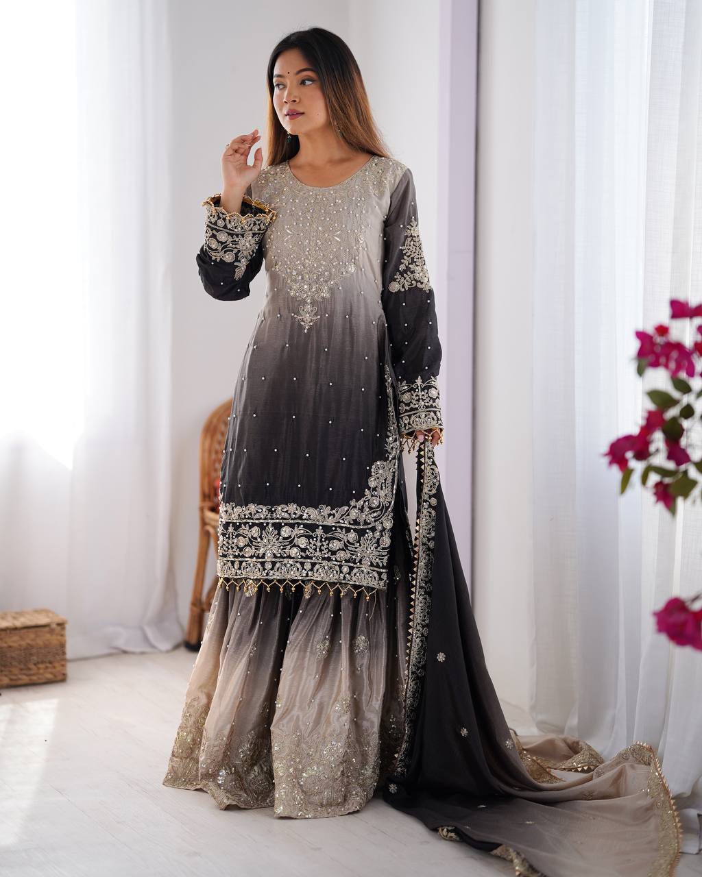 Elegant Heavy Chinon Designer Suit with Sharara & Dupatta