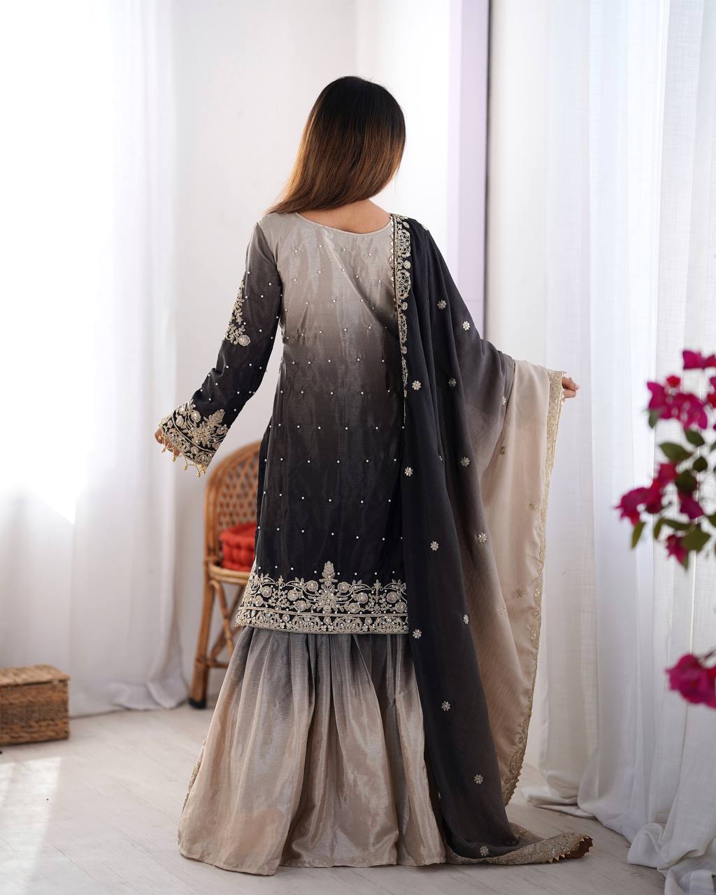 Elegant Heavy Chinon Designer Suit with Sharara & Dupatta