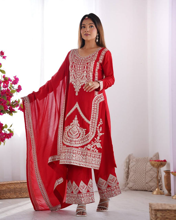 Elegant Vichitra Silk Straight Fit Kurta Dupatta Set – Fully Stitched & Ready to Wear