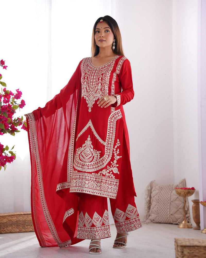 Elegant Vichitra Silk Straight Fit Kurta Dupatta Set – Fully Stitched & Ready to Wear