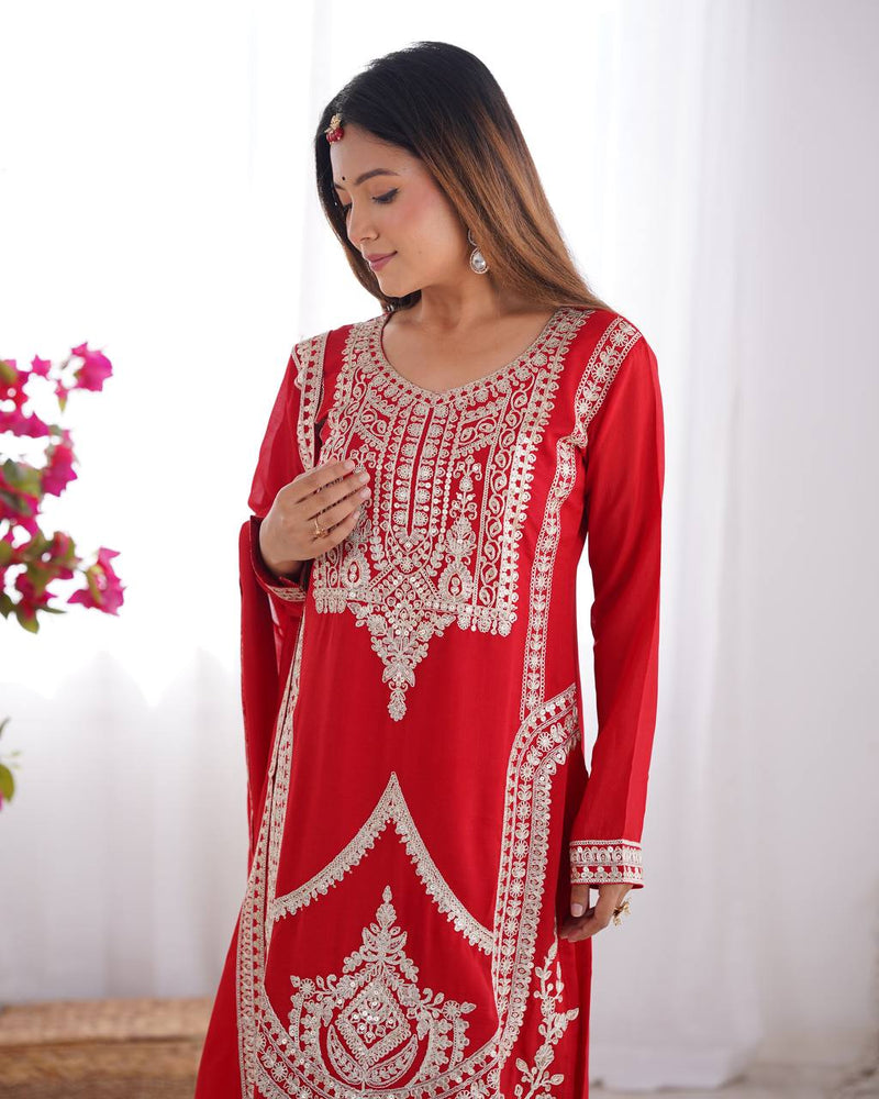 Elegant Vichitra Silk Straight Fit Kurta Dupatta Set – Fully Stitched & Ready to Wear