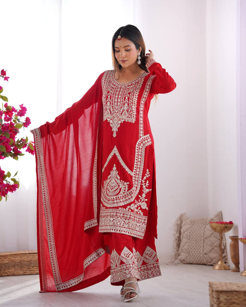 Elegant Vichitra Silk Straight Fit Kurta Dupatta Set – Fully Stitched & Ready to Wear