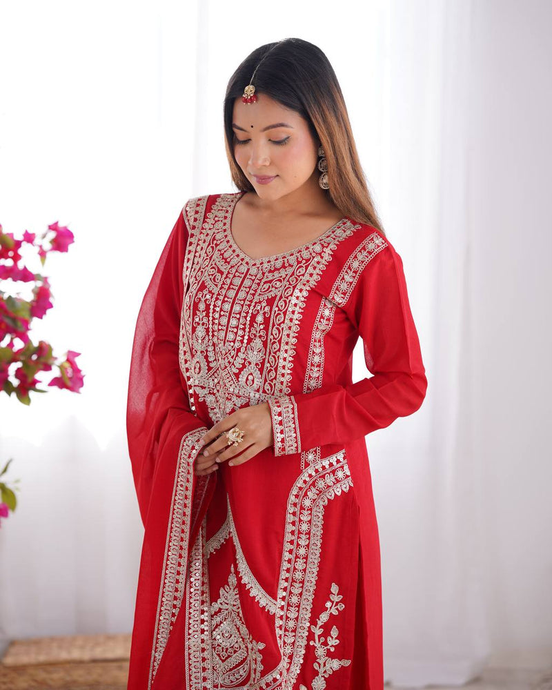 Elegant Vichitra Silk Straight Fit Kurta Dupatta Set – Fully Stitched & Ready to Wear
