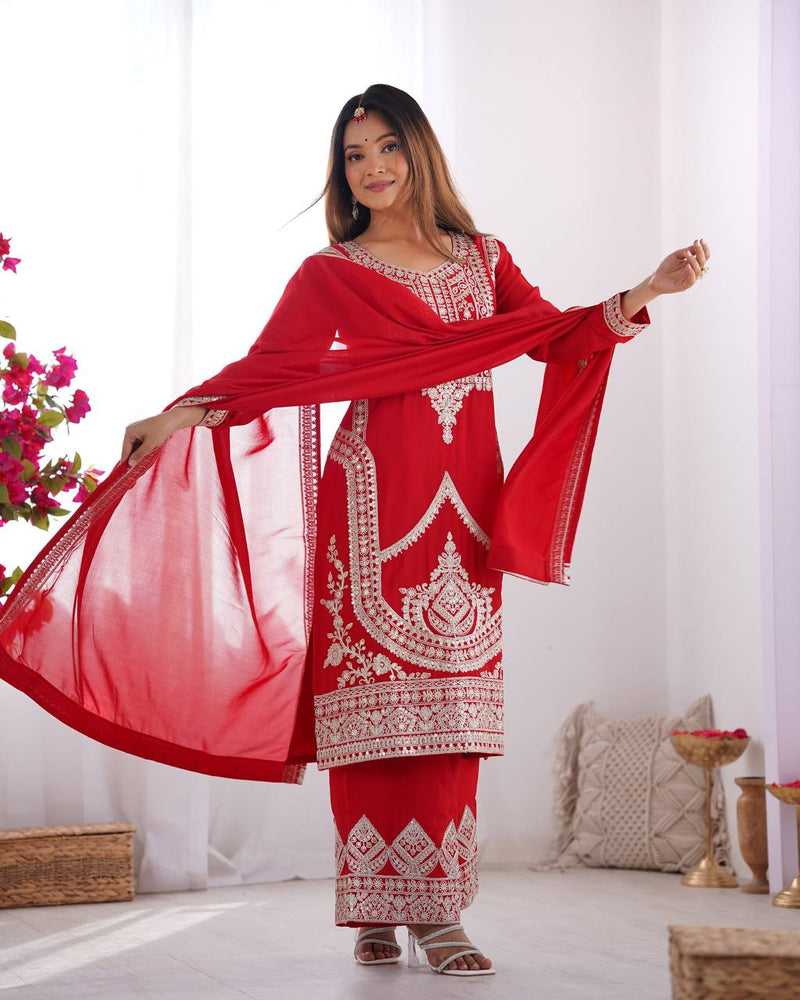 Elegant Vichitra Silk Straight Fit Kurta Dupatta Set – Fully Stitched & Ready to Wear