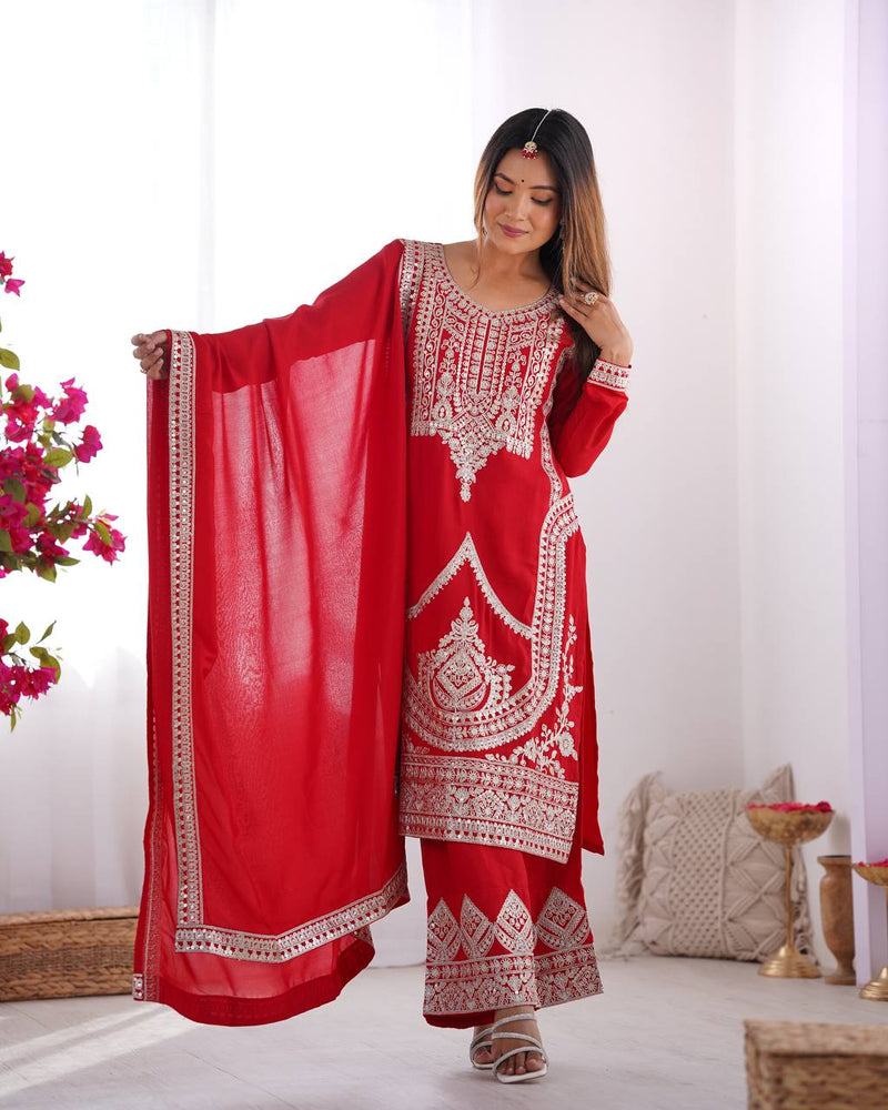 Elegant Vichitra Silk Straight Fit Kurta Dupatta Set – Fully Stitched & Ready to Wear