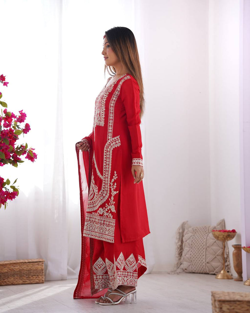Elegant Vichitra Silk Straight Fit Kurta Dupatta Set – Fully Stitched & Ready to Wear