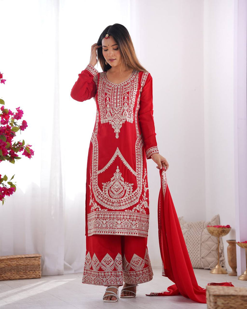 Elegant Vichitra Silk Straight Fit Kurta Dupatta Set – Fully Stitched & Ready to Wear