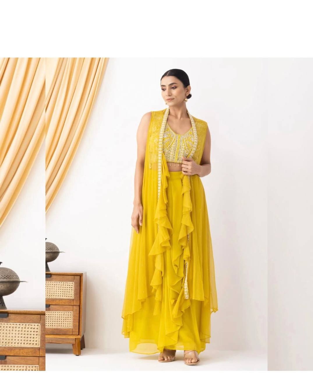 Designer 3-Piece Set – Embroidered Blouse, Dhoti & Koti with Ruffles