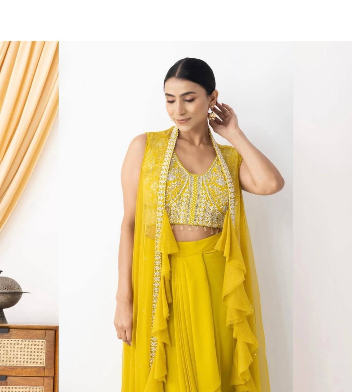 Designer 3-Piece Set – Embroidered Blouse, Dhoti & Koti with Ruffles