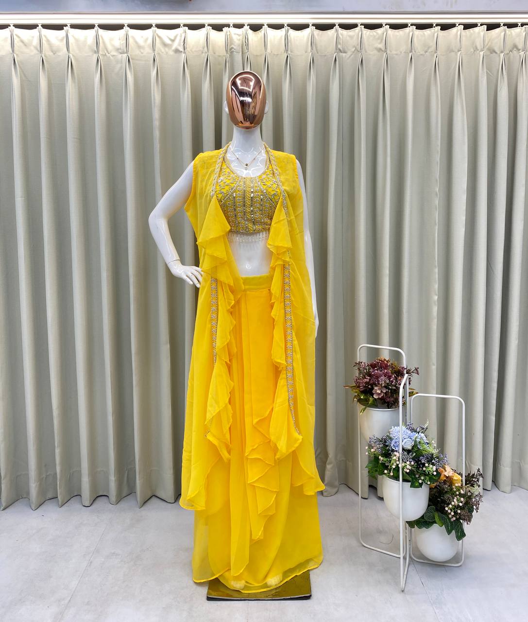 Designer 3-Piece Set – Embroidered Blouse, Dhoti & Koti with Ruffles