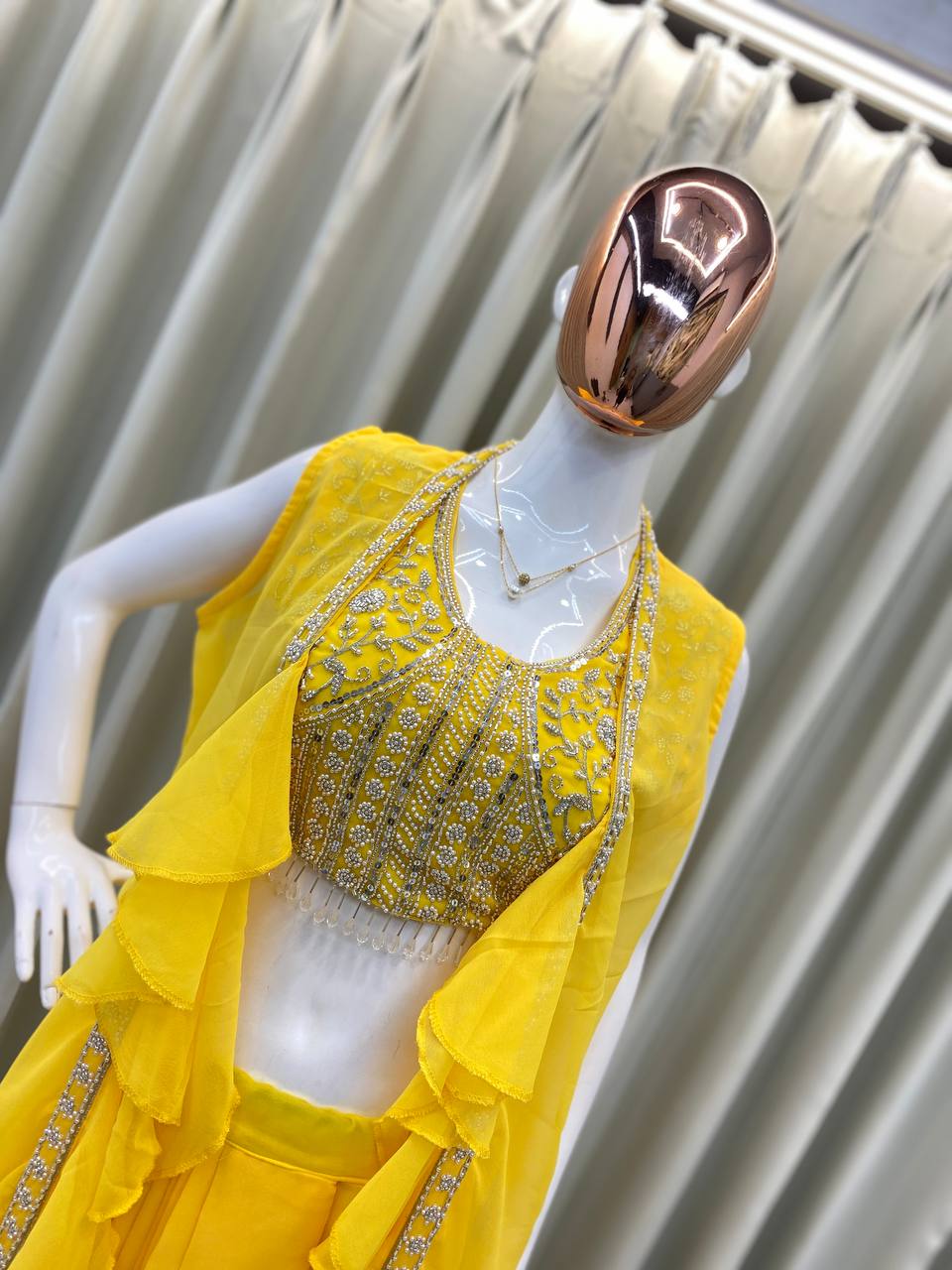 Designer 3-Piece Set – Embroidered Blouse, Dhoti & Koti with Ruffles