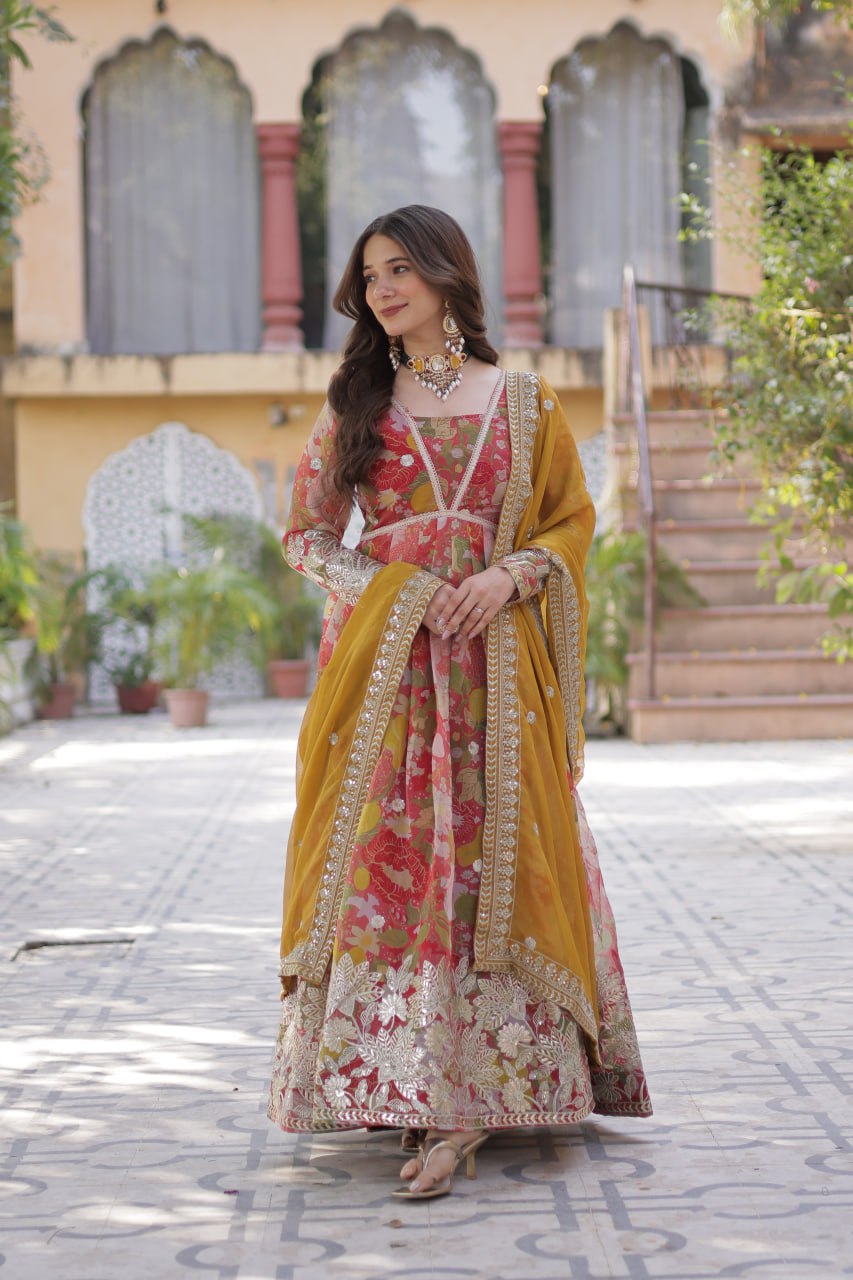 Digital Printed Russian Silk Gown with Embroidered Dupatta