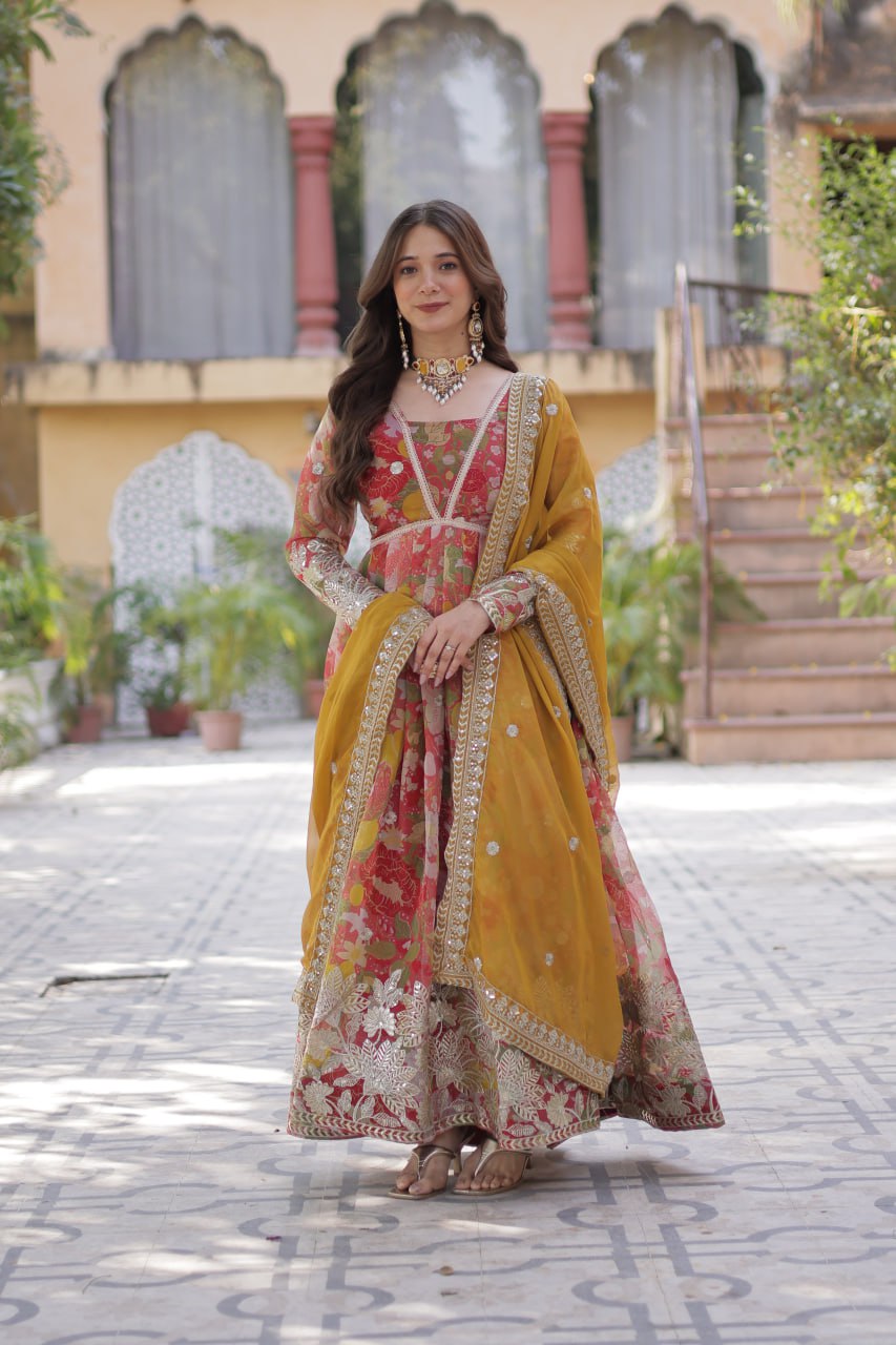 Digital Printed Russian Silk Gown with Embroidered Dupatta