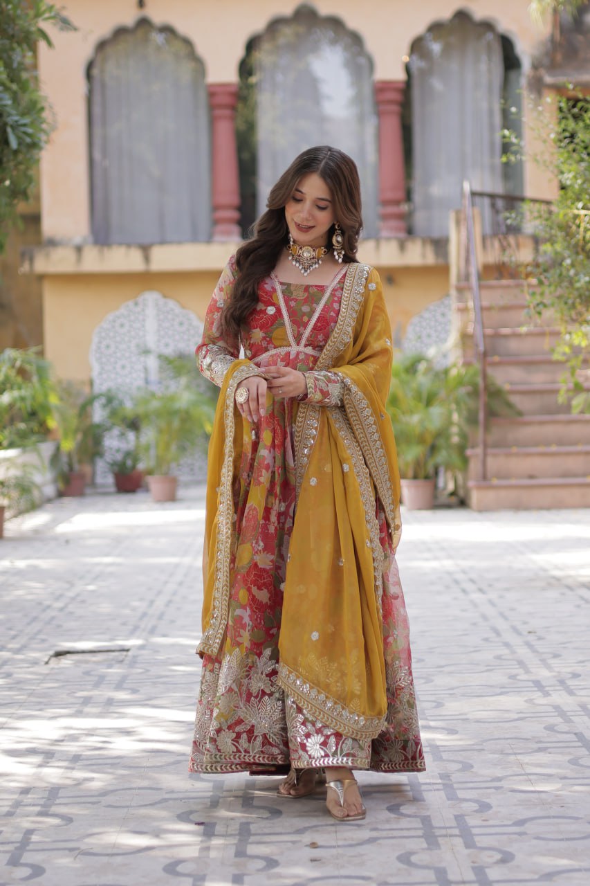 Digital Printed Russian Silk Gown with Embroidered Dupatta