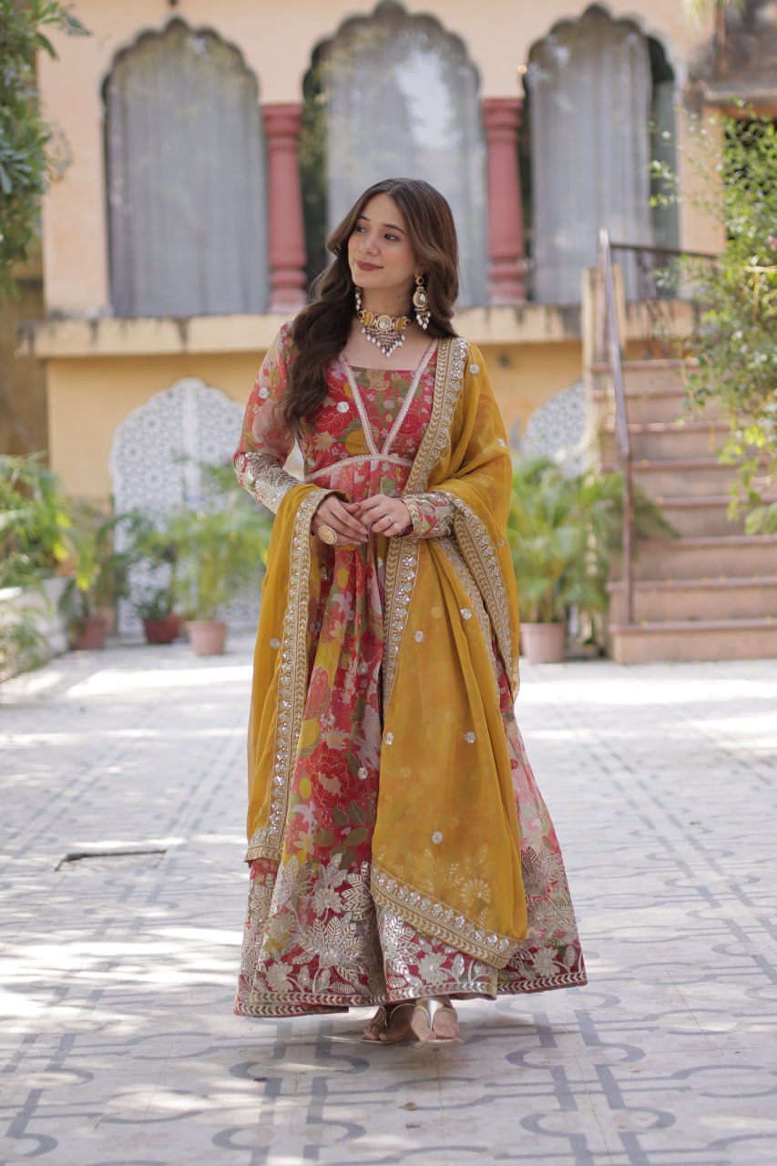 Digital Printed Russian Silk Gown with Embroidered Dupatta